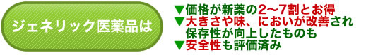 ジェネリック医薬品は「価格が新薬の2割～7割とお得」「大きさや味、においが改善され保存性が向上したものも」「安全性も評価済み」
