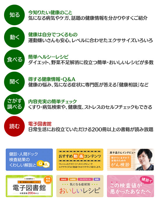 ①知る　「今知りたい健康のこと…気になる病気やケガ、話題の健康情報を分かりやすくご紹介」　②動く「健康は自分でつくるもの…運動嫌いさんも安心。レベルに合わせたエクササイズいろいろ」　③食べる「簡単ヘルシーレシピ…ダイエット、野菜不足解消に役立つ簡単・おいしいレシピが多数」　④聞く「得する健康情報・Q＆A…健康の悩み、気になる症状に専門医が答える「健康相談」など　⑤さがす・調べる「内容充実の簡単チェック…くすり・病気検索や、健康度、ストレスのセルフチェックもできる」　⑥読む「電子図書館…日常生活にお役立ていただける200冊以上の書籍が読み放題」を